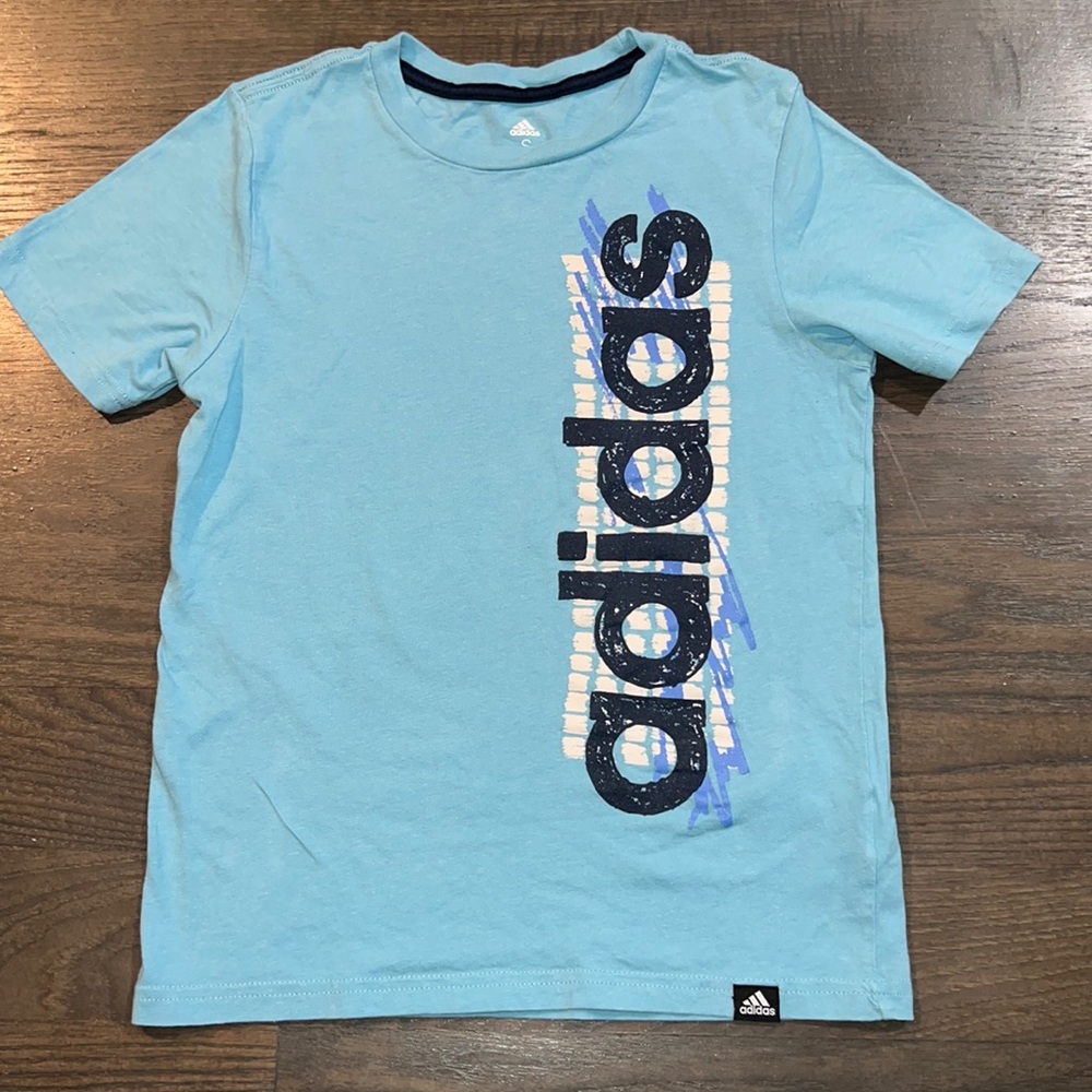 Boys Adidas Aqua Blue Logo Athletic T-shirt Size S Boys